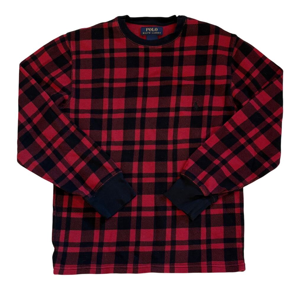 Polo Ralph Lauren Shirt Womens Small Red Plaid Thermal Waffle Knit Top Casual